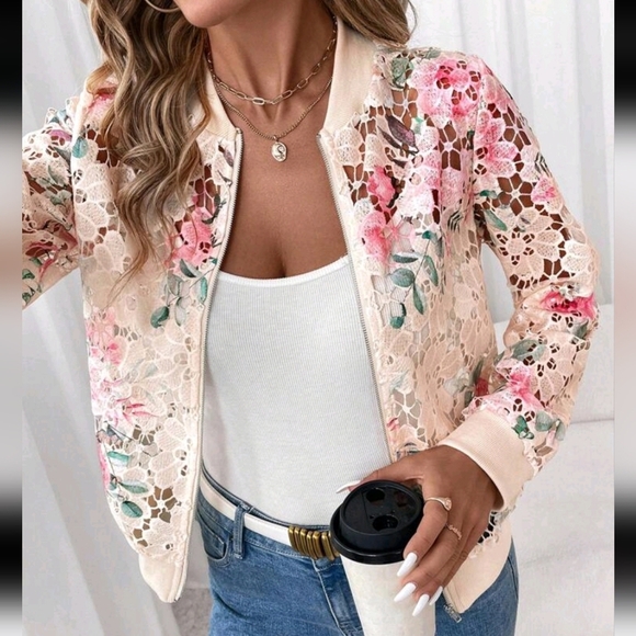Floral Lace Bomber Jacket - Pink and Cream - Picture 5 of 5